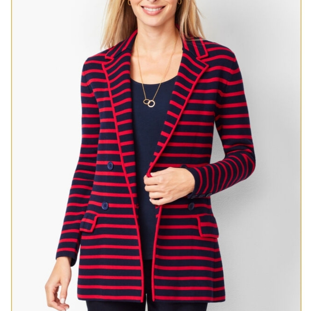 Talbots Stripe Red Navy Blazer Jacket Medium Petite MP
